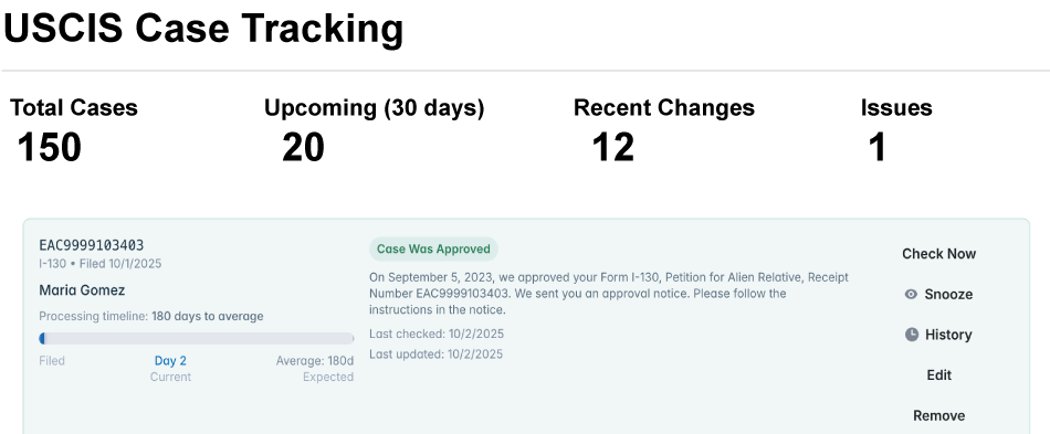 USCIS case tracking example showing multiple case statuses